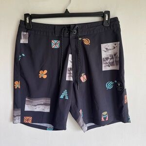 VISSLA Black Board Shorts with Vibrant Print, Men’s 32